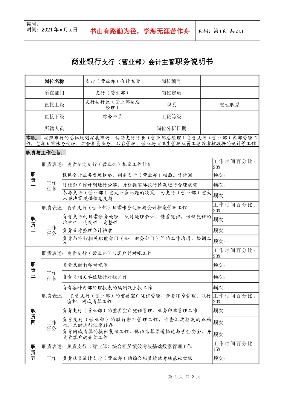 商业银行支行（营业部）会计主管职务说明书_第1页