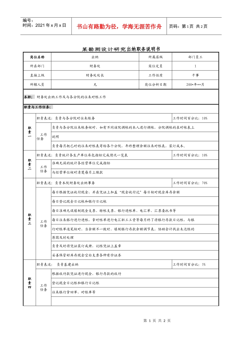 某勘测设计研究出纳职务说明书_第1页