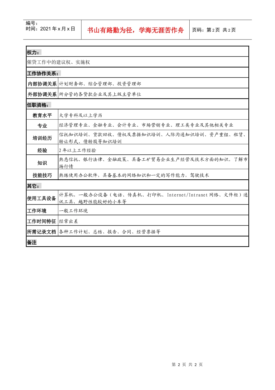 信托投资公司资产经营部贷款回收专责职务说明书_第2页