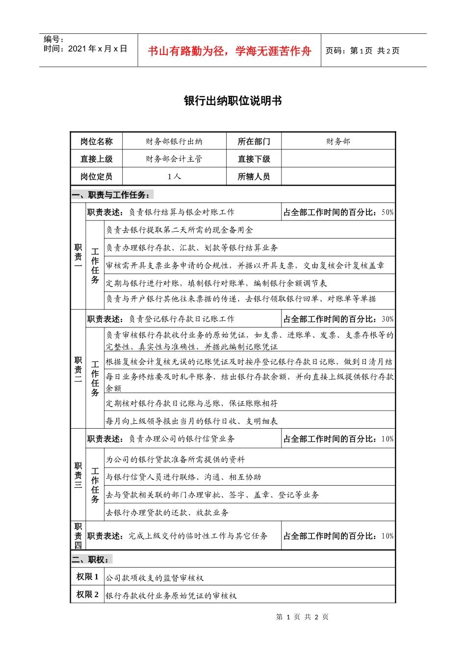 仪器生产企业银行出纳职位说明书_第1页
