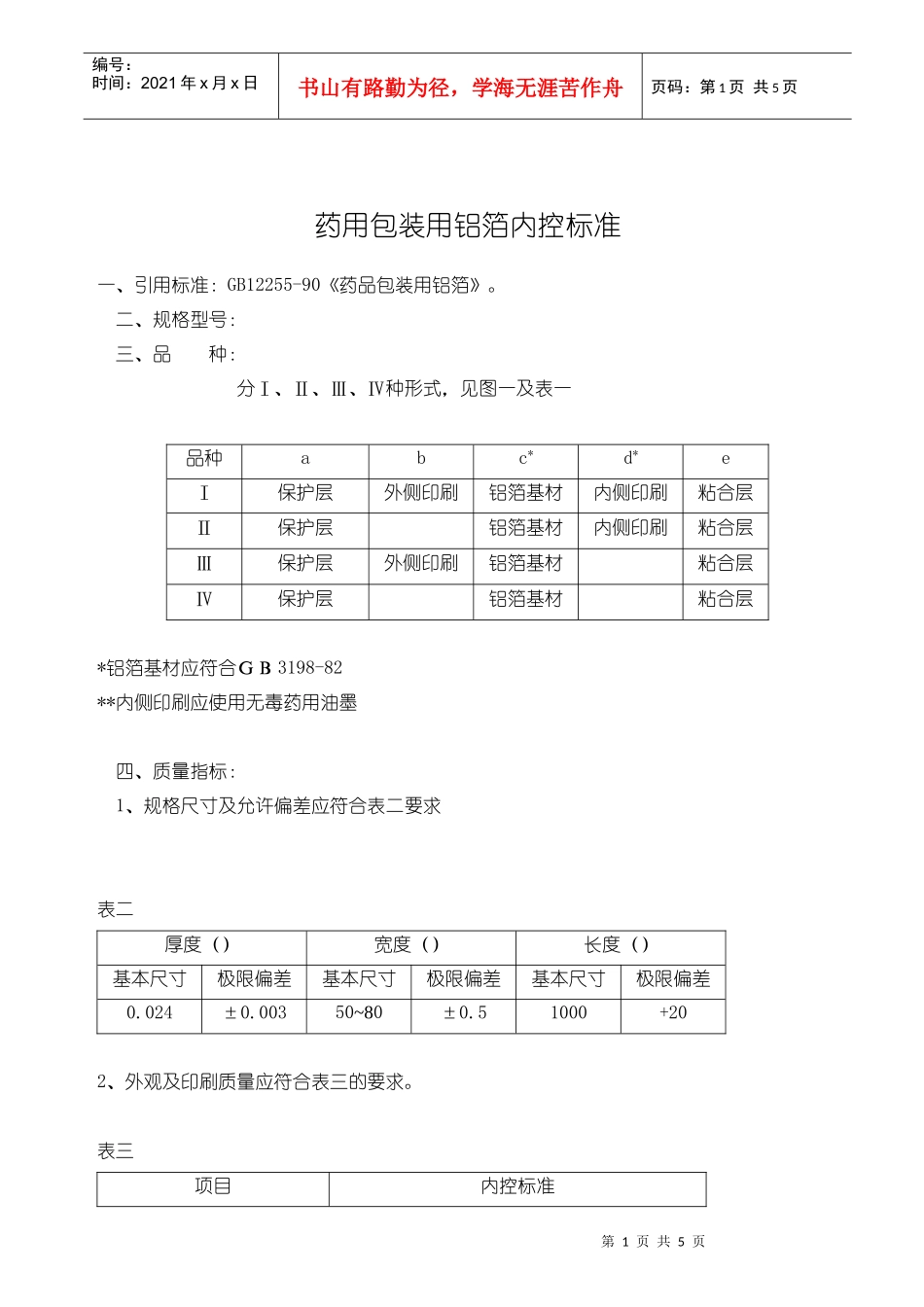 药用包装用铝箔内控标准_第1页