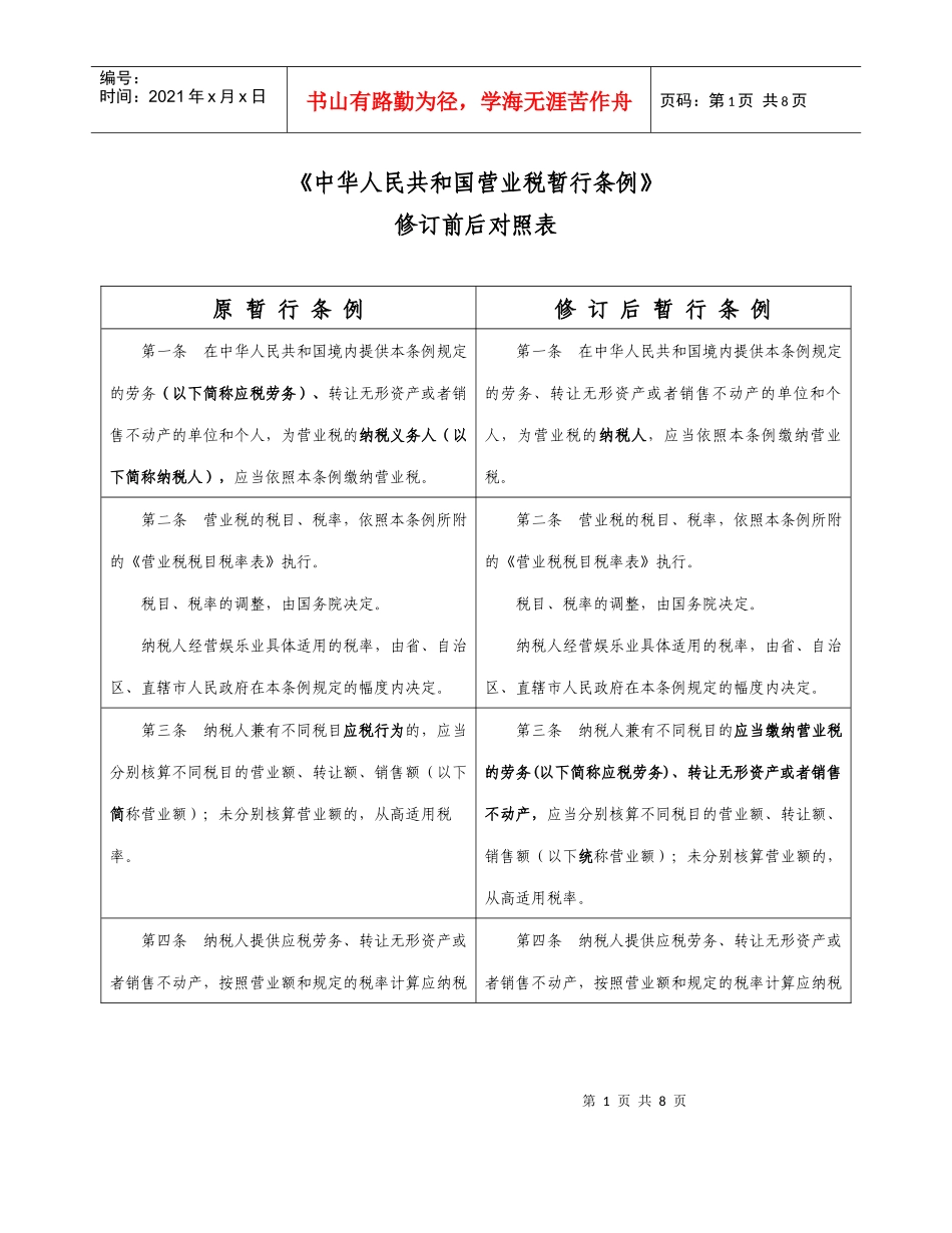 营业税暂行条例修订前后对比表_第1页