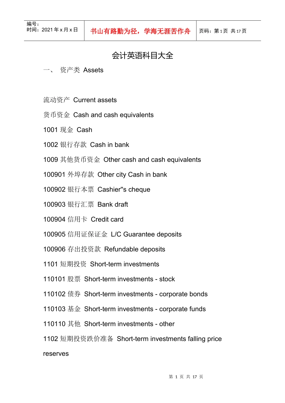 会计科目英语大全_第1页
