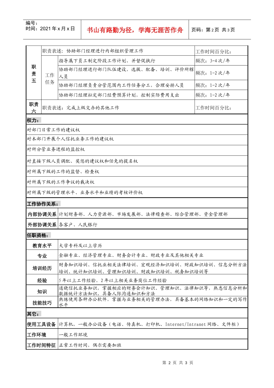 投资公司个人信托部综合副经理职务说明书_第2页