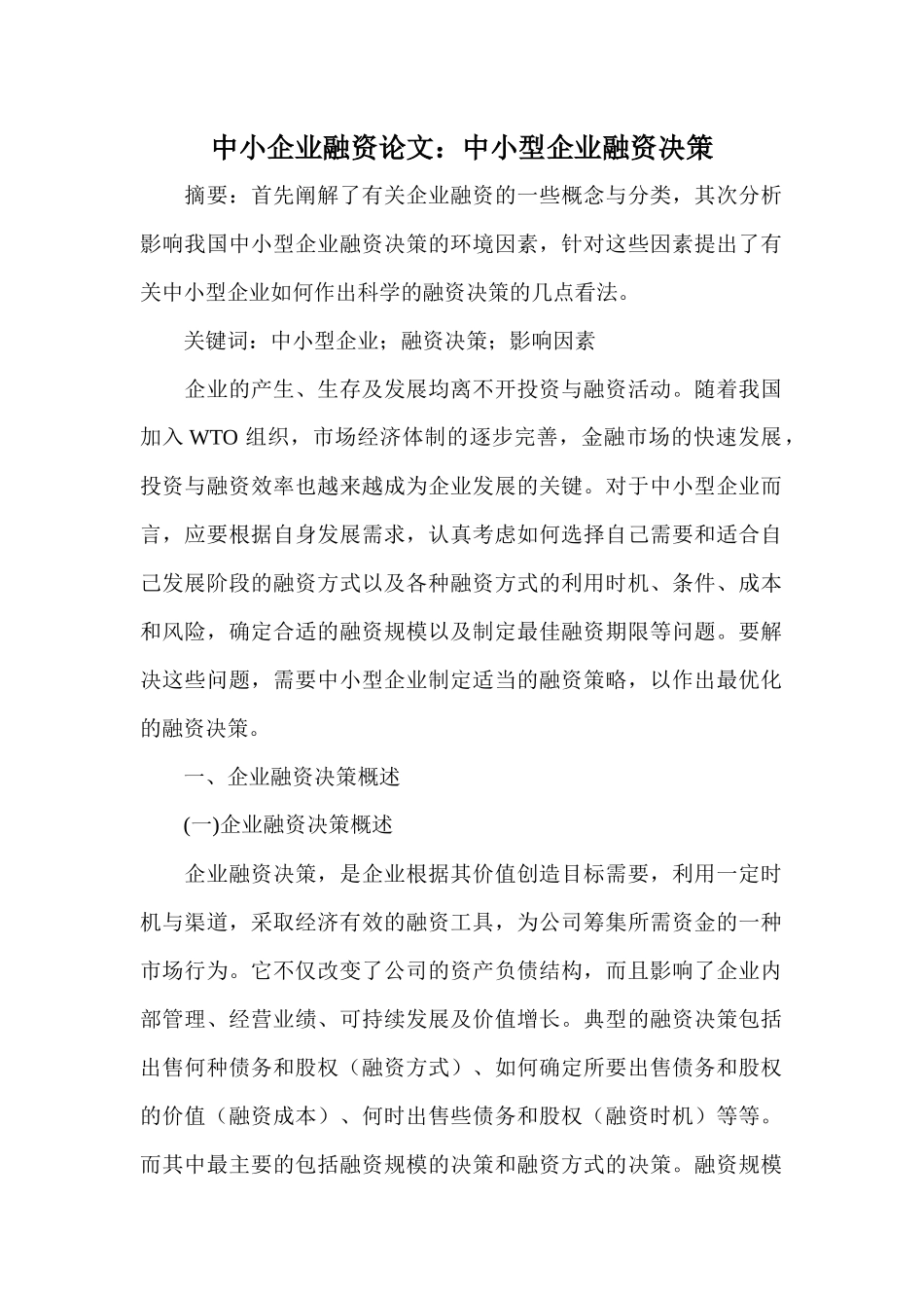 中小型企业融资决策概述_第1页