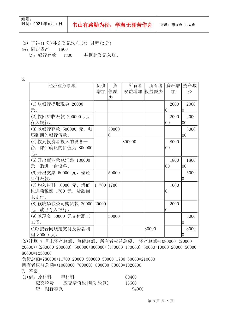 福建省XXXX年高职单招第一轮质检会计试卷答案_第3页
