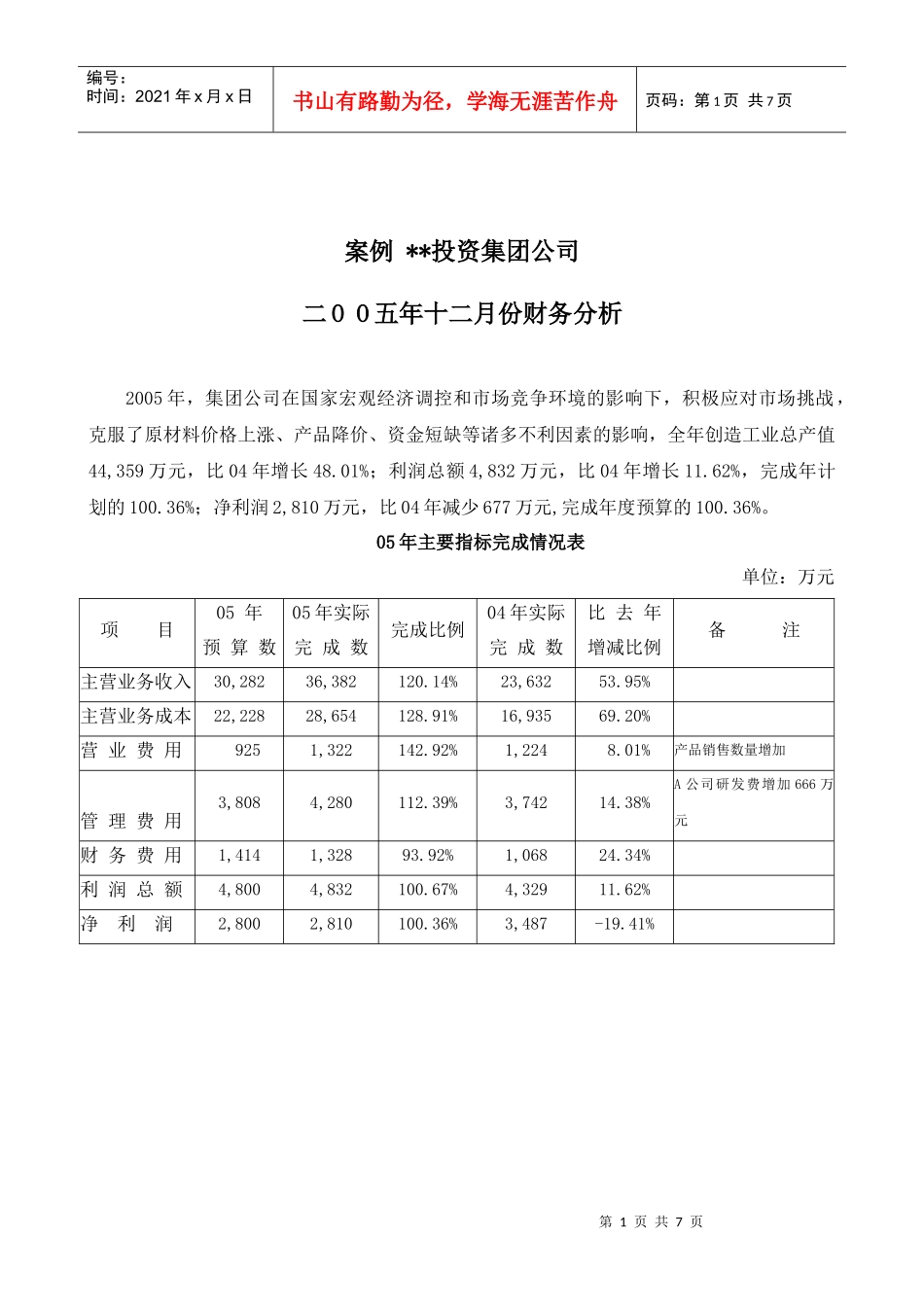 案例 某投资集团二OO五年十二月份财务分析_第1页