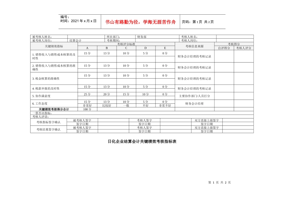 日化企业结算会计关键绩效考核指标表_第1页