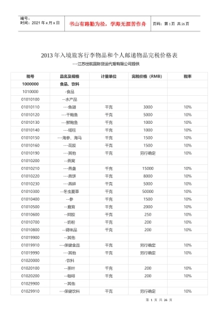 XXXX年入境旅客行李物品及完税表