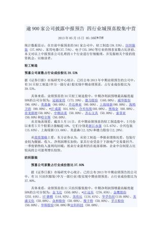 逾900家公司披露中报预告 四行业城预喜股集中营