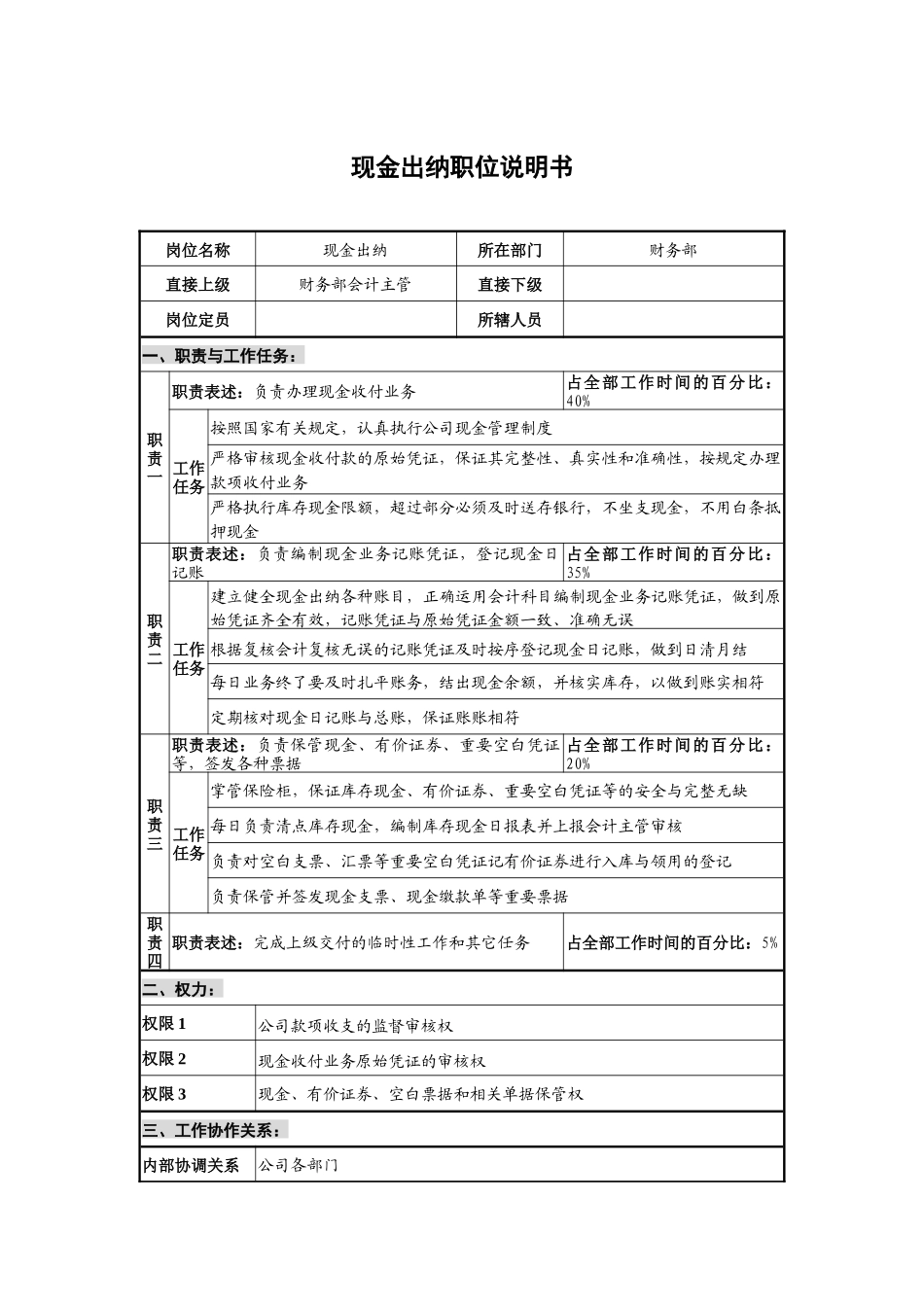 仪器生产企业现金出纳职位说明书_第1页
