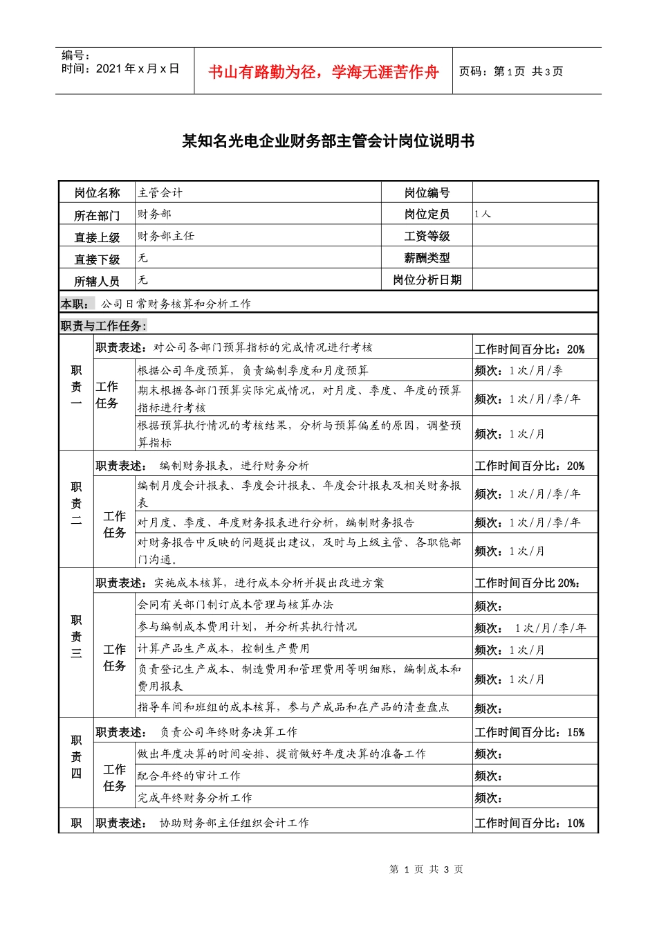 某知名光电企业财务部主管会计岗位说明书_第1页