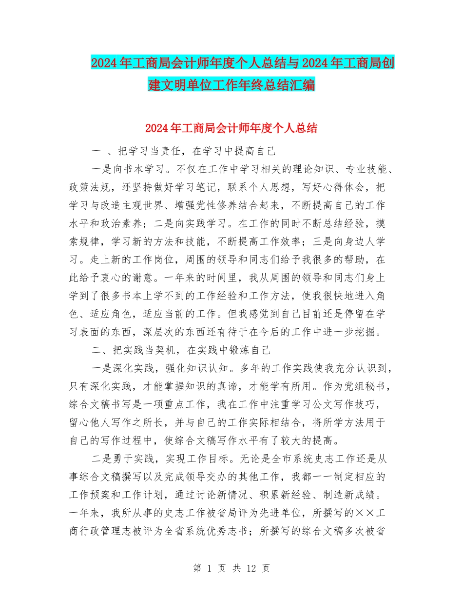 2024年工商局会计师年度个人总结与2024年工商局创建文明单位工作年终总结汇编_第1页