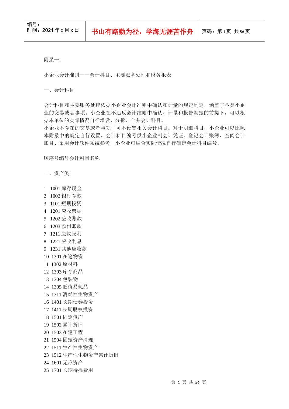 XXXX年小企业会计准则会计科目、主要账务处理和财_第1页