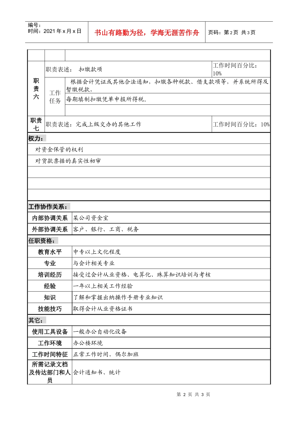 某化纤企业分公司出纳职务说明书_第2页