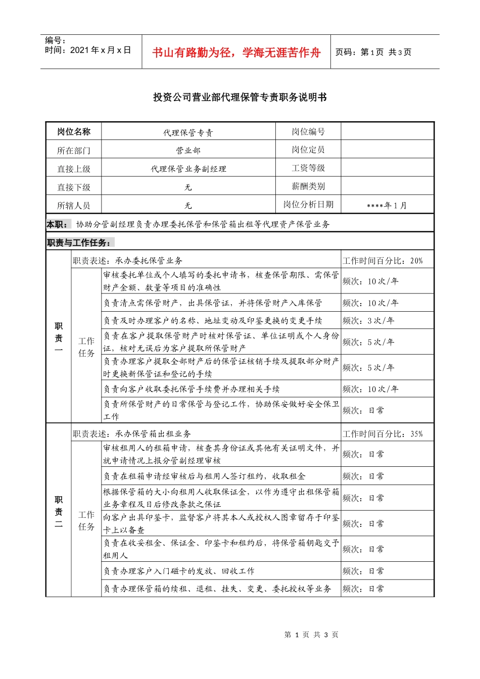 投资公司营业部代理保管专责职务说明书_第1页