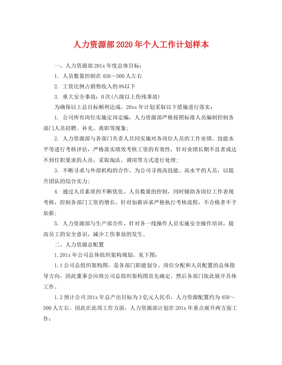 人力资源部2020年个人工作计划样本 _第1页