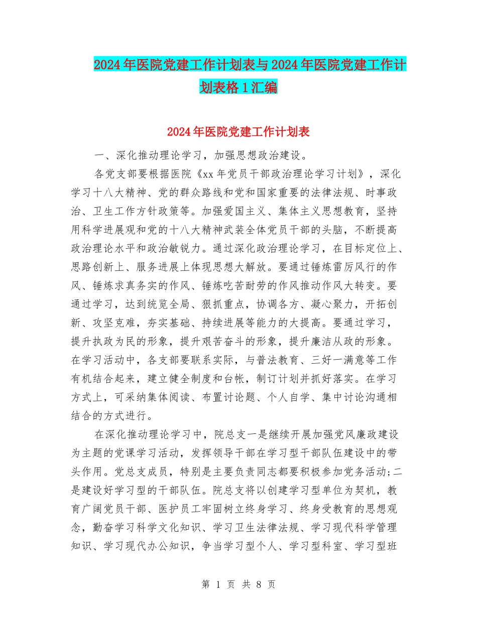 2024年医院党建工作计划表与2024年医院党建工作计划表格1汇编_第1页