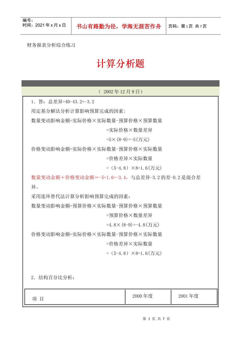 财务报表分析综合练习计算分析题参考答案_第1页