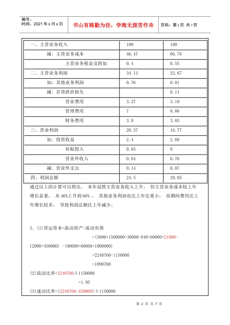 财务报表分析综合练习计算分析题参考答案_第2页