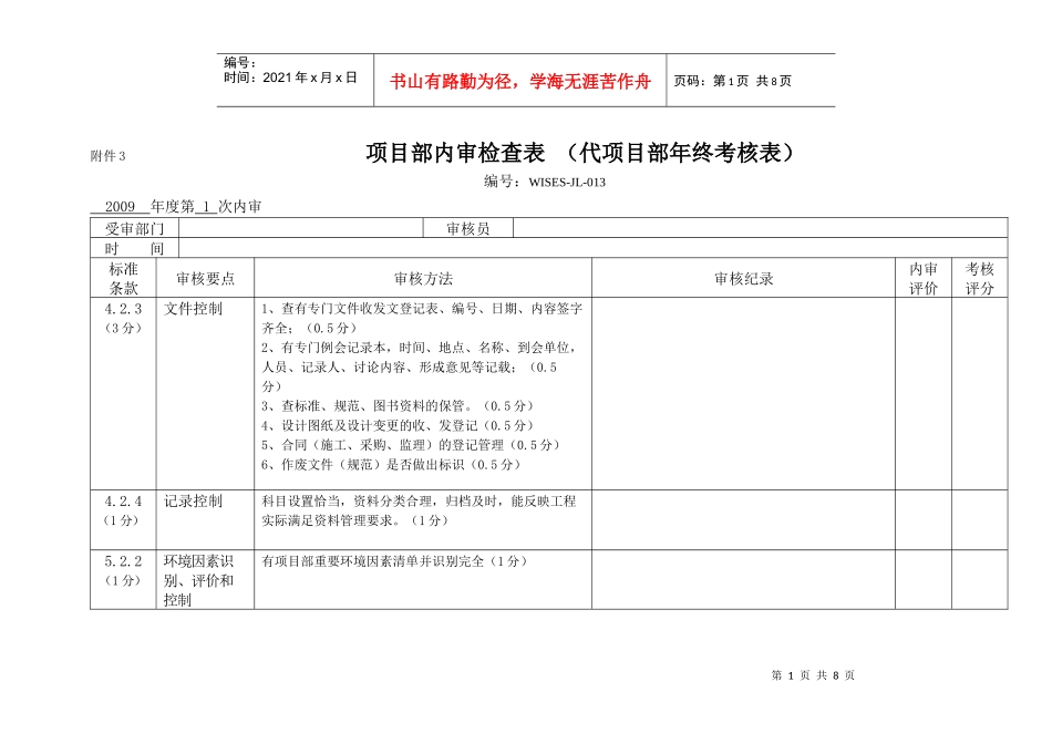 项目部内审检查表_第1页