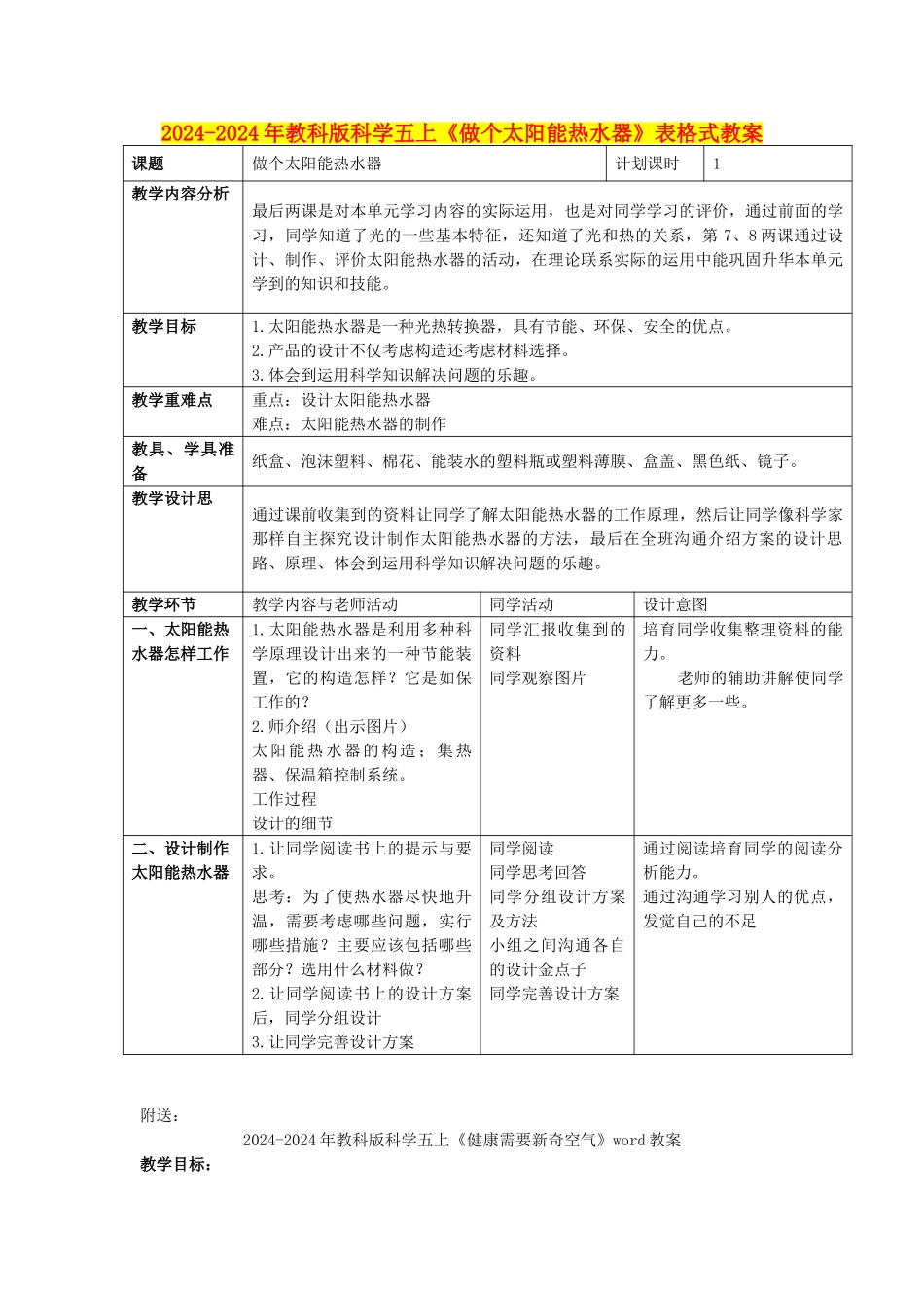2024-2024年教科版科学五上《做个太阳能热水器》表格式教案_第1页