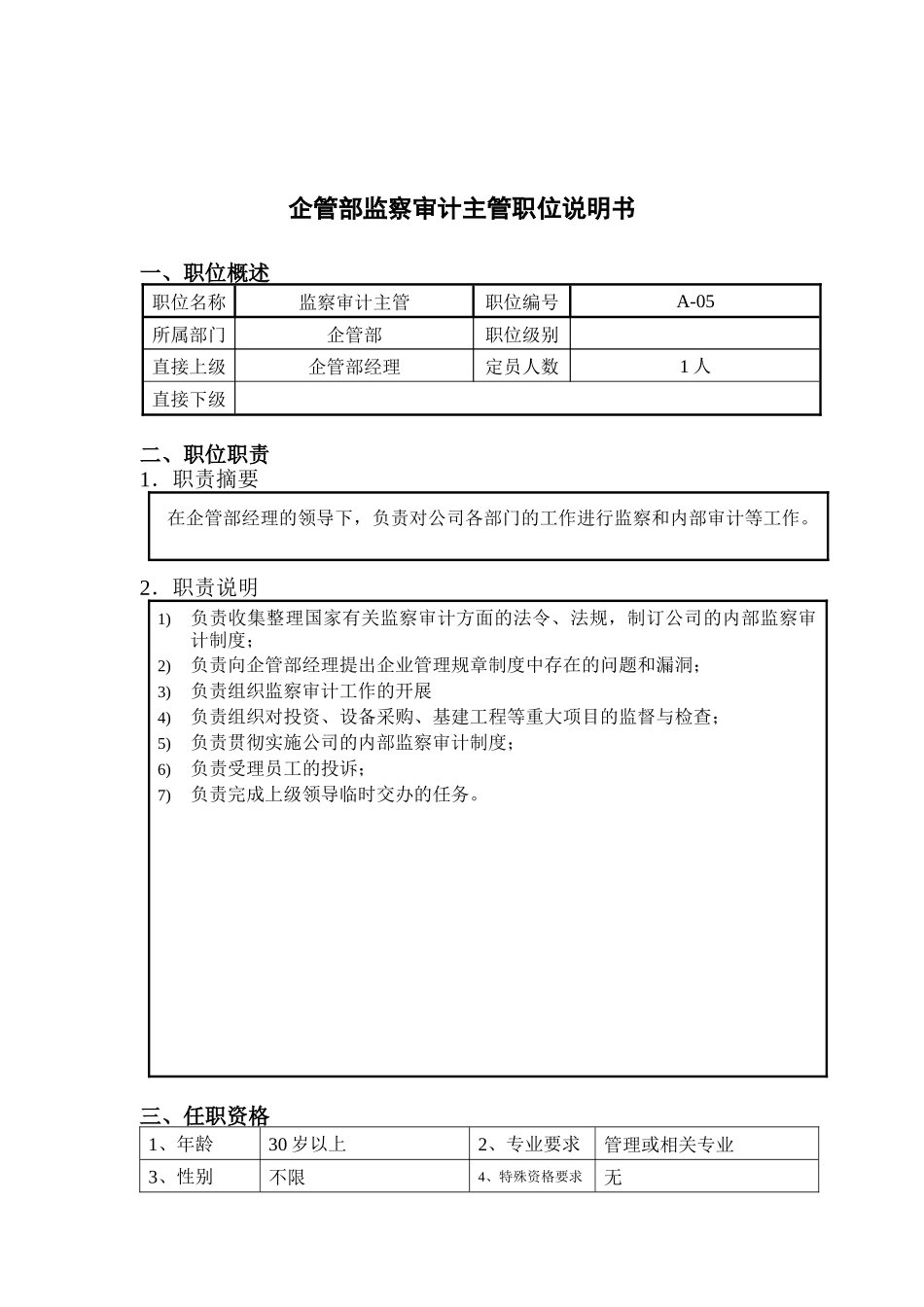 钢铁行业-企管部-监察审计主管岗位说明书_第1页