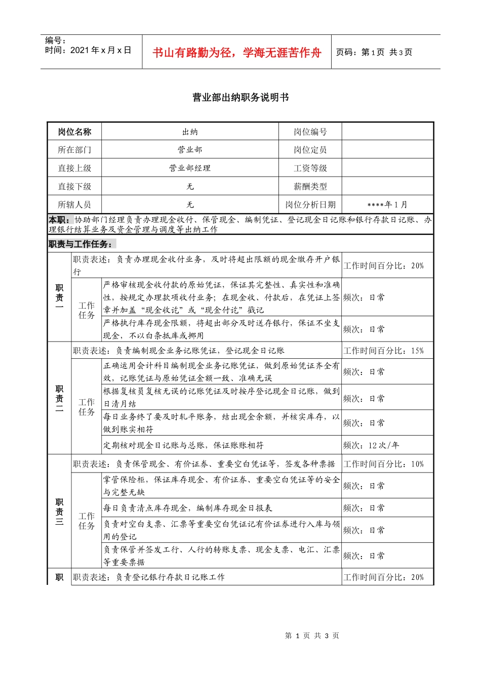 营业部出纳职务说明书_第1页