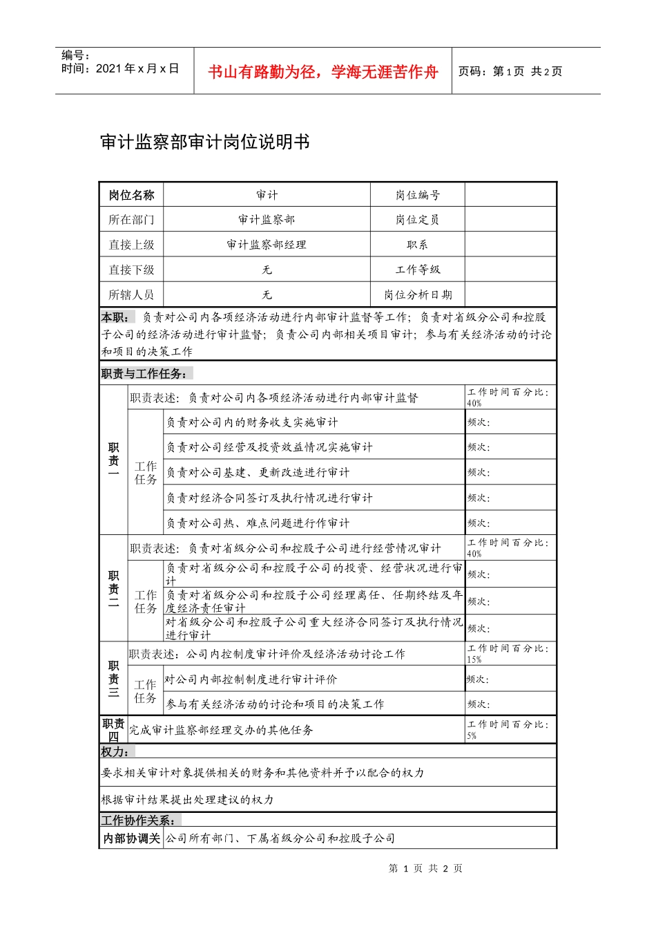 制鞋企业审计监察部审计岗位说明书_第1页