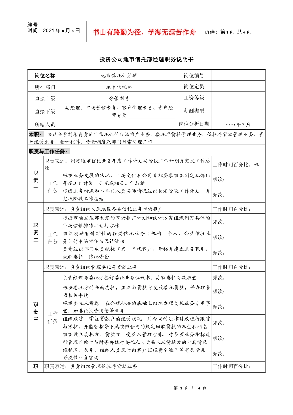 投资公司地市信托部经理职务说明书_第1页