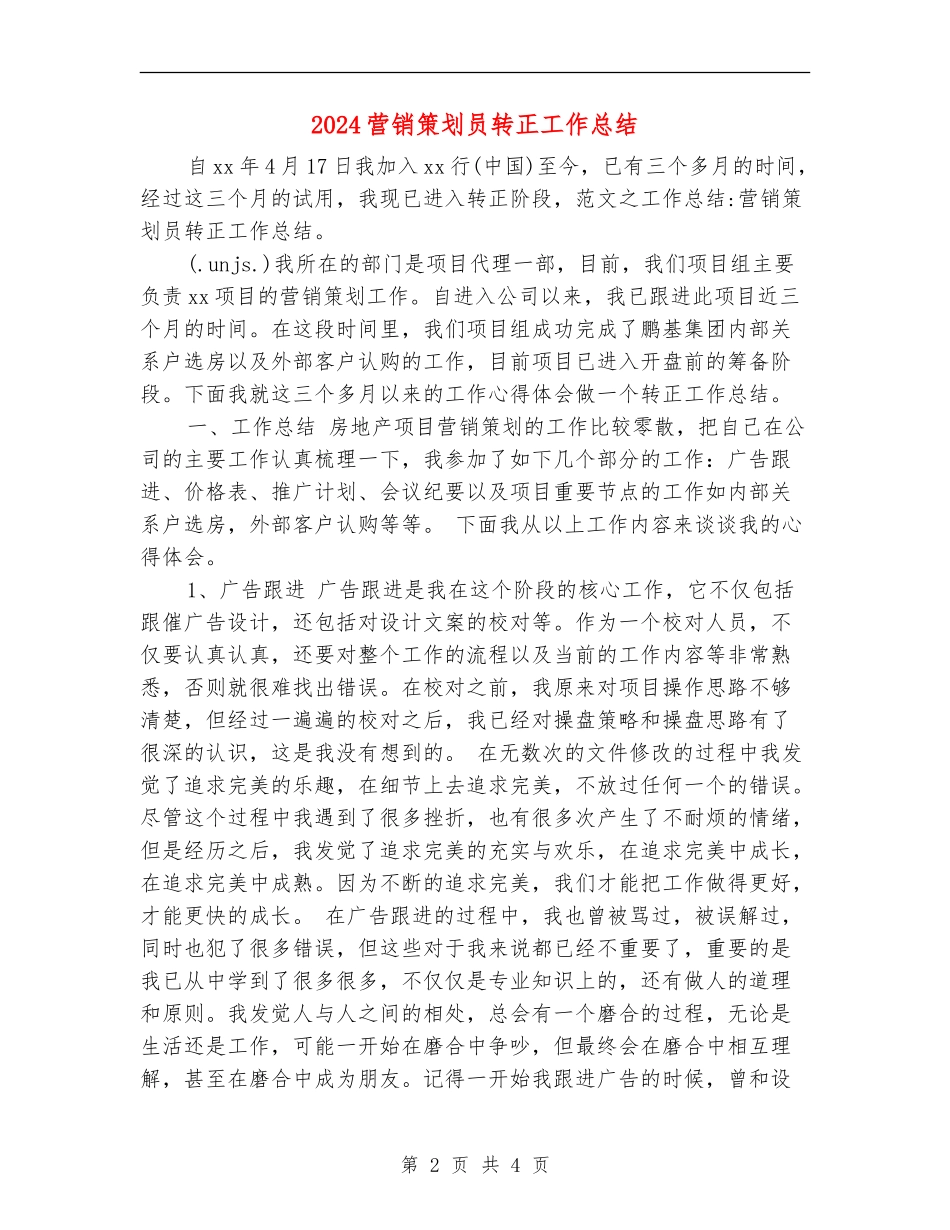 2024营销策划员转正工作总结【新版】_第2页