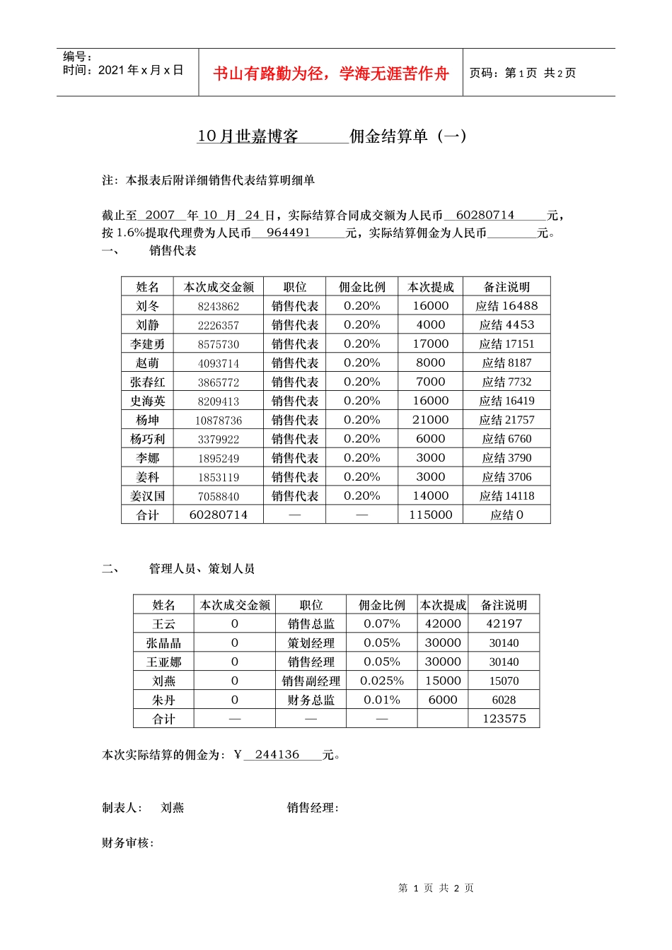 附表16佣金结算表（报财务）_第1页