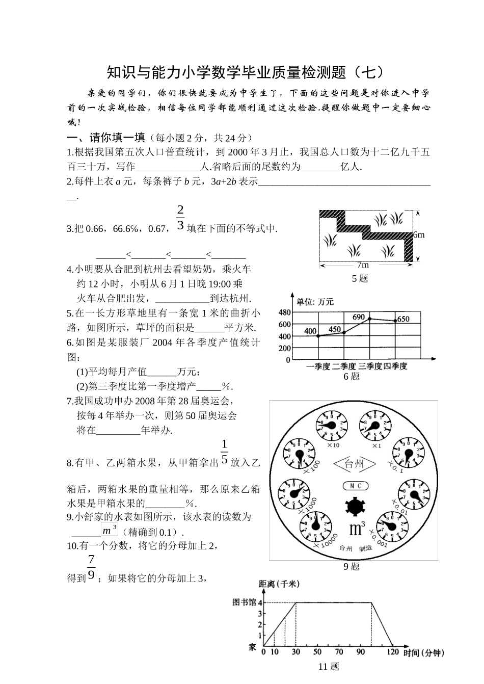 知识与能力小学数学毕业质量检测题(七)_第1页