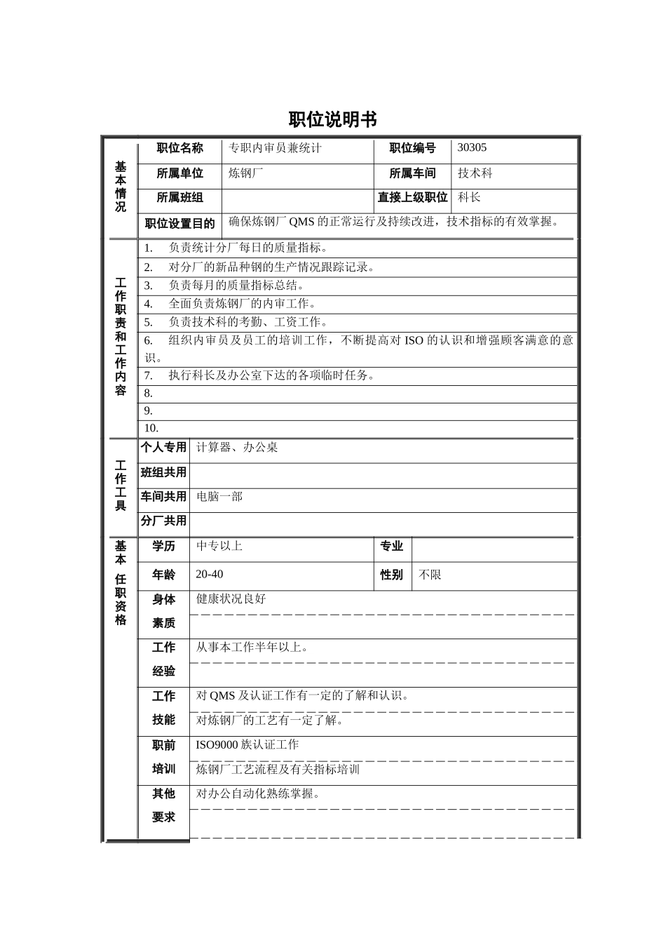 专职内审员兼统计职位说明书_第1页