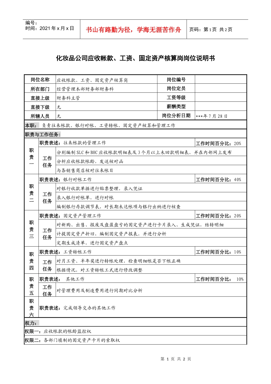 化妆品公司应收帐款、工资、固定资产核算岗岗位说明书_第1页