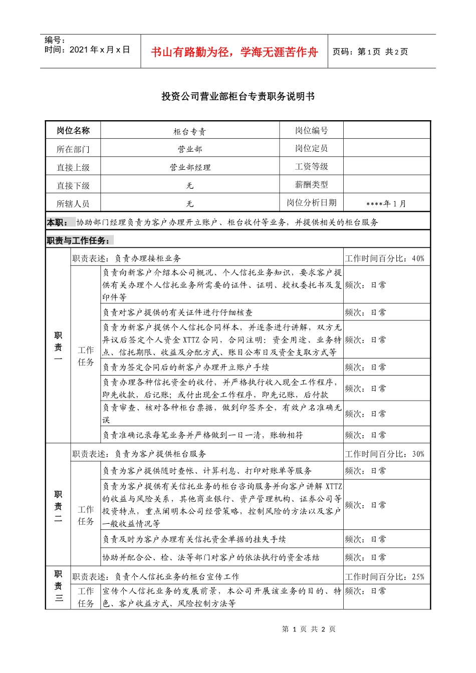 投资公司营业部柜台专责职务说明书_第1页