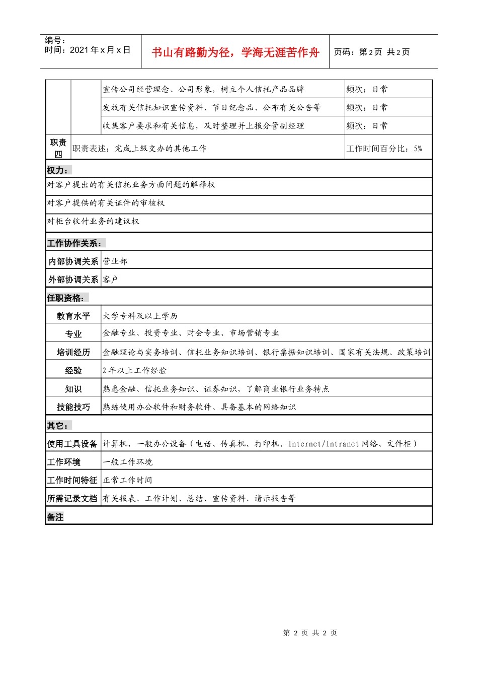 投资公司营业部柜台专责职务说明书_第2页