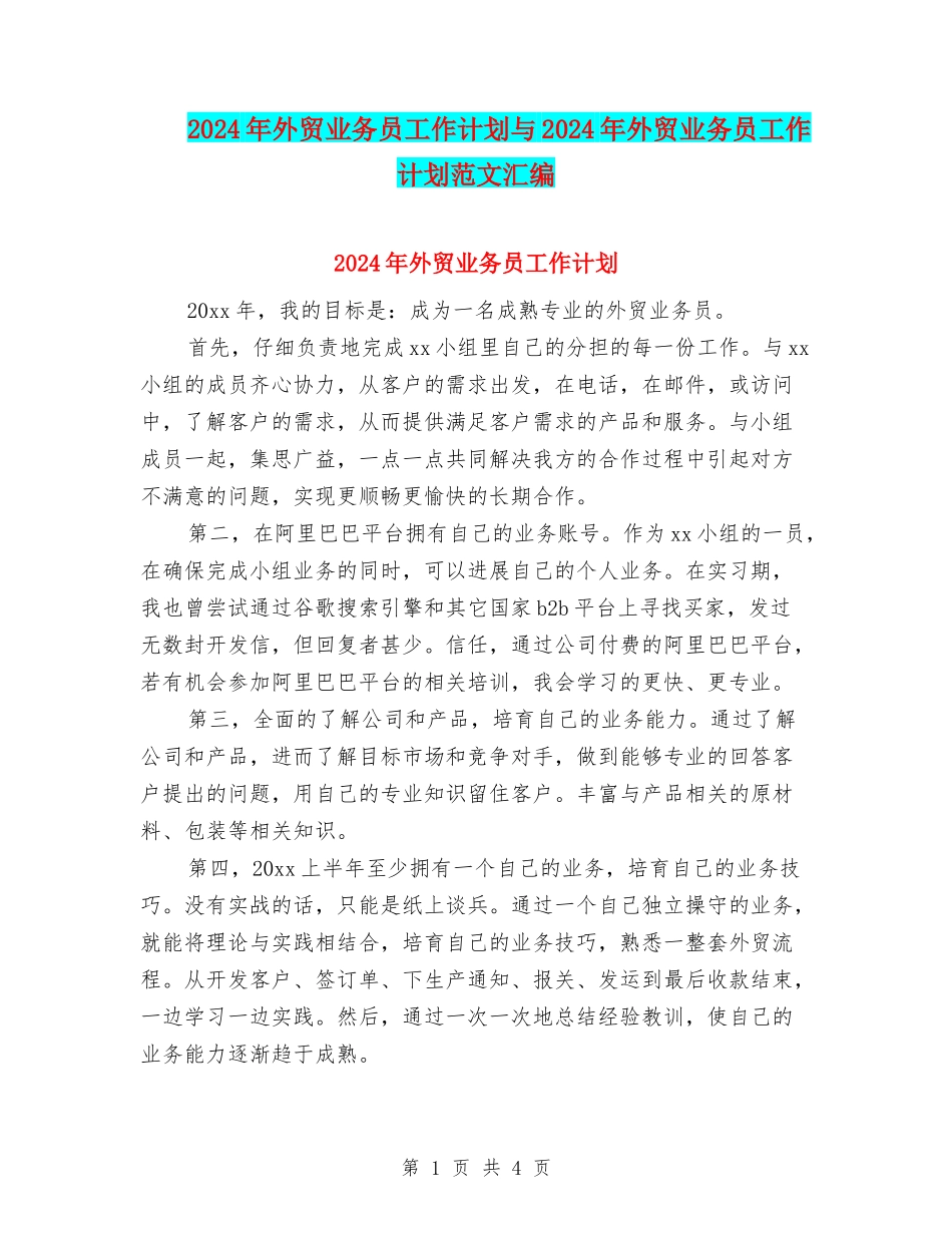 2024年外贸业务员工作计划与2024年外贸业务员工作计划范文汇编_第1页
