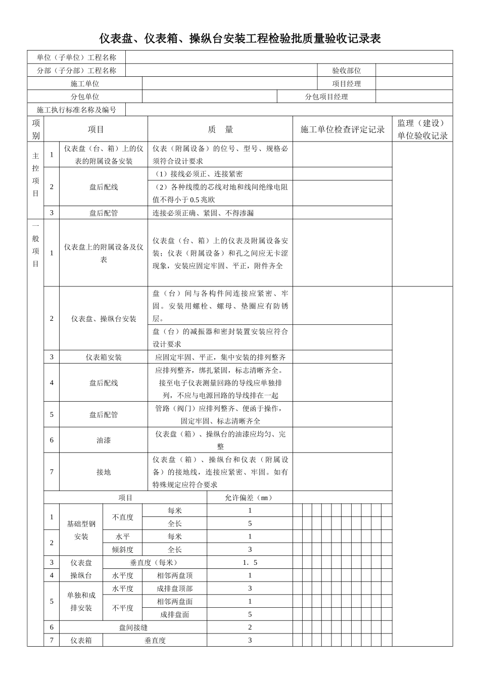 仪表盘、仪表箱、操纵台安装工程检验批质量验收记录表_第1页