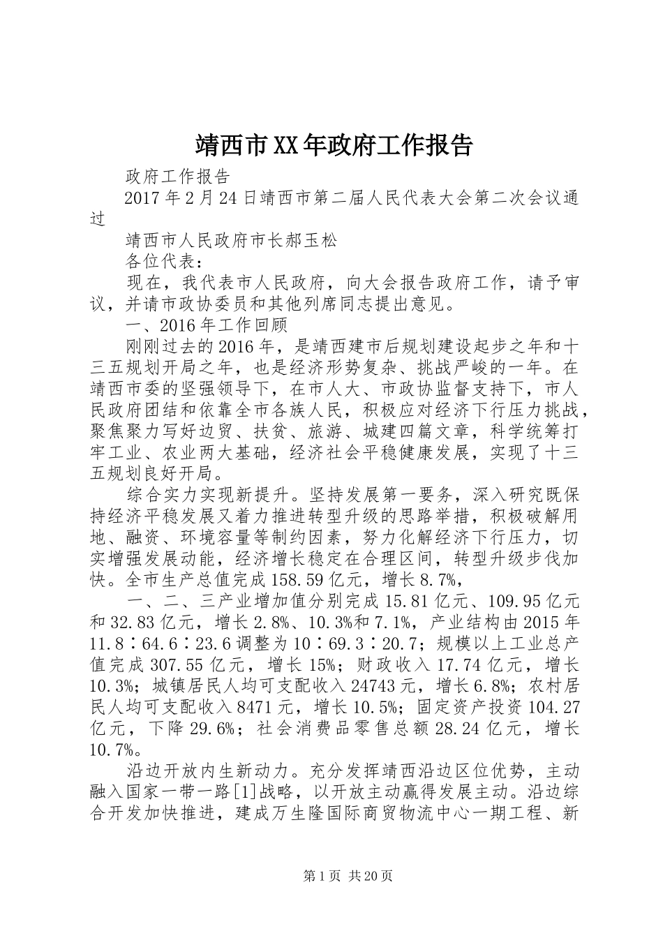 靖西市XX年政府工作报告_第1页