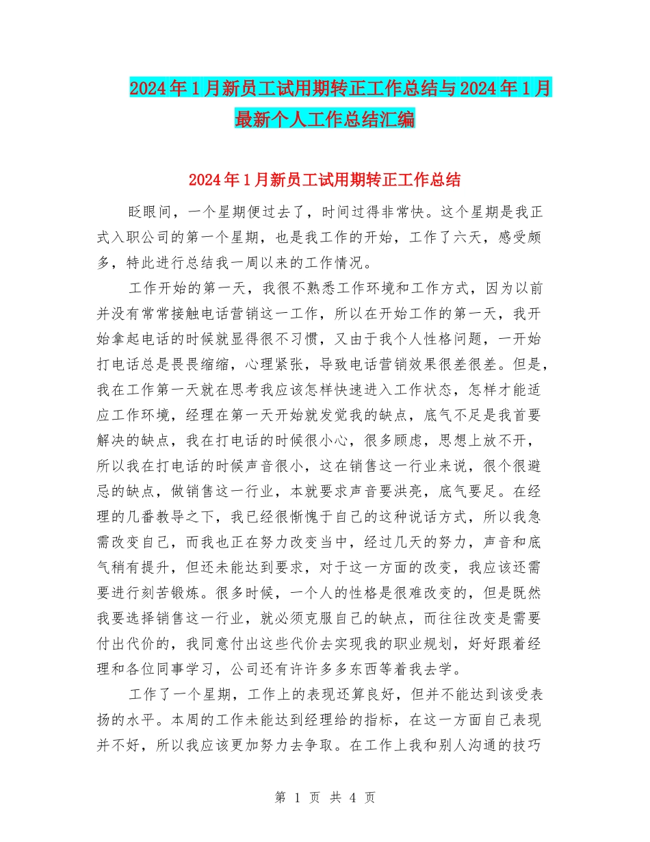 2024年1月新员工试用期转正工作总结与2024年1月最新个人工作总结汇编_第1页