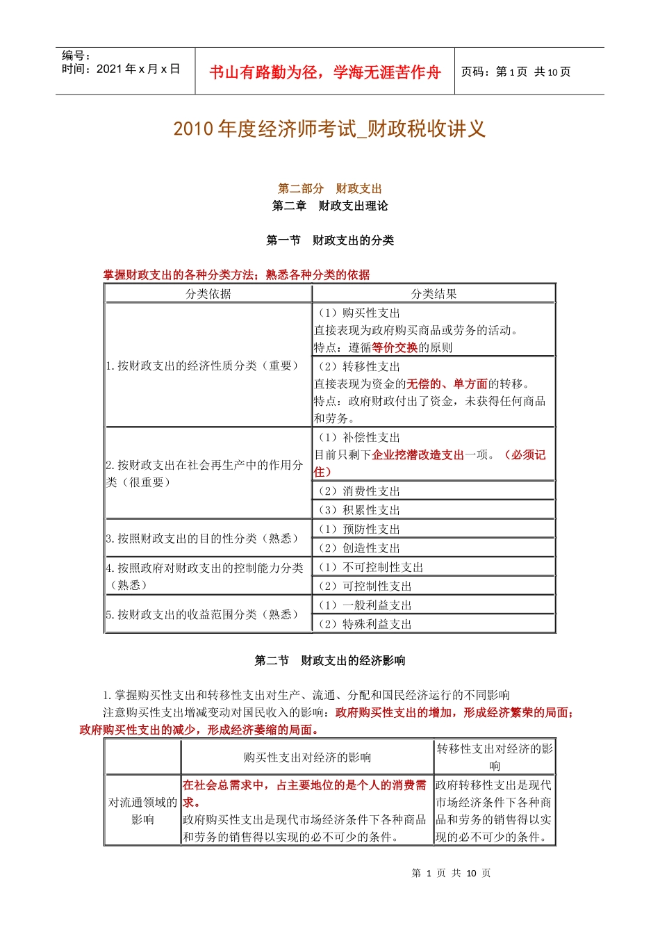 XXXX年度经济师考试_财政税收_财政支出讲义0201_第1页