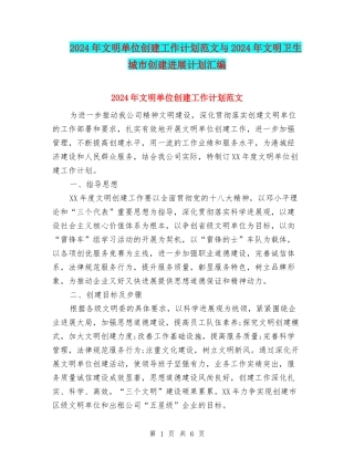 2024年文明单位创建工作计划范文与2024年文明卫生城市创建发展计划汇编