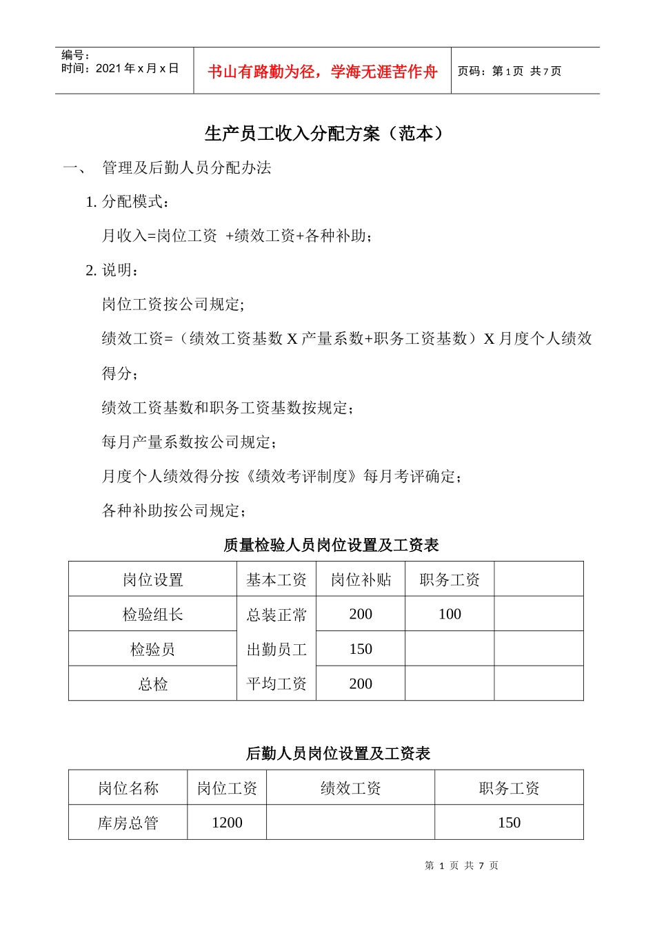 制造企业生产员工收入分配方案(范本)_第1页