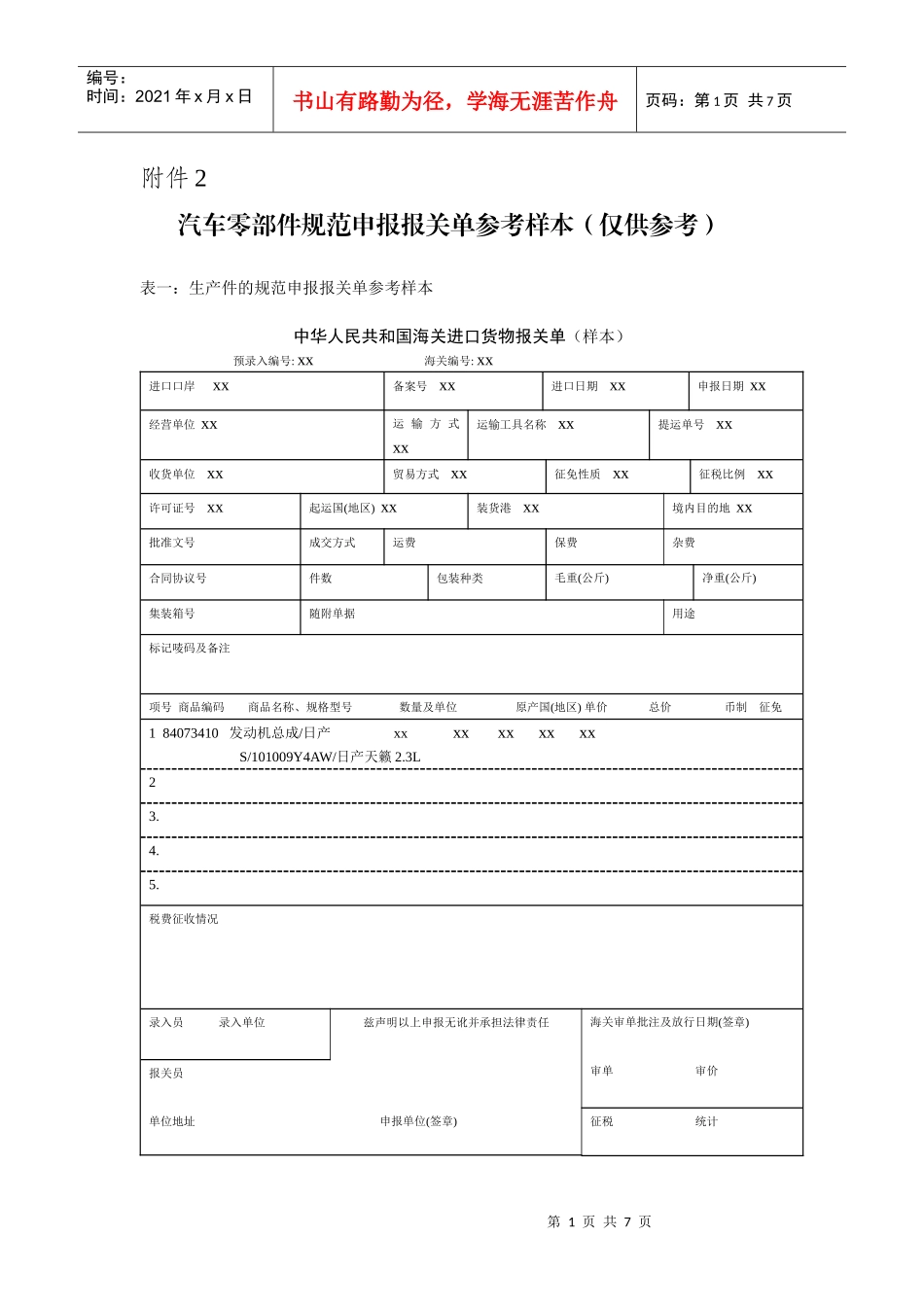 汽车零部件规范申报报关单参考样本(仅供参考)_第1页