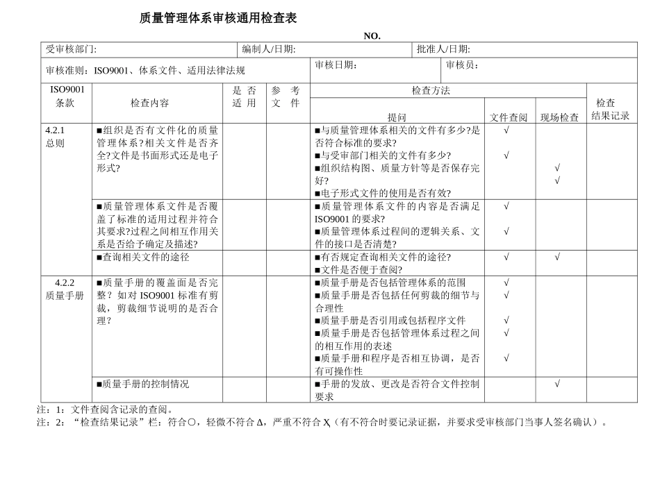 质量管理体系审核通用检查表（DOC39页）_第1页