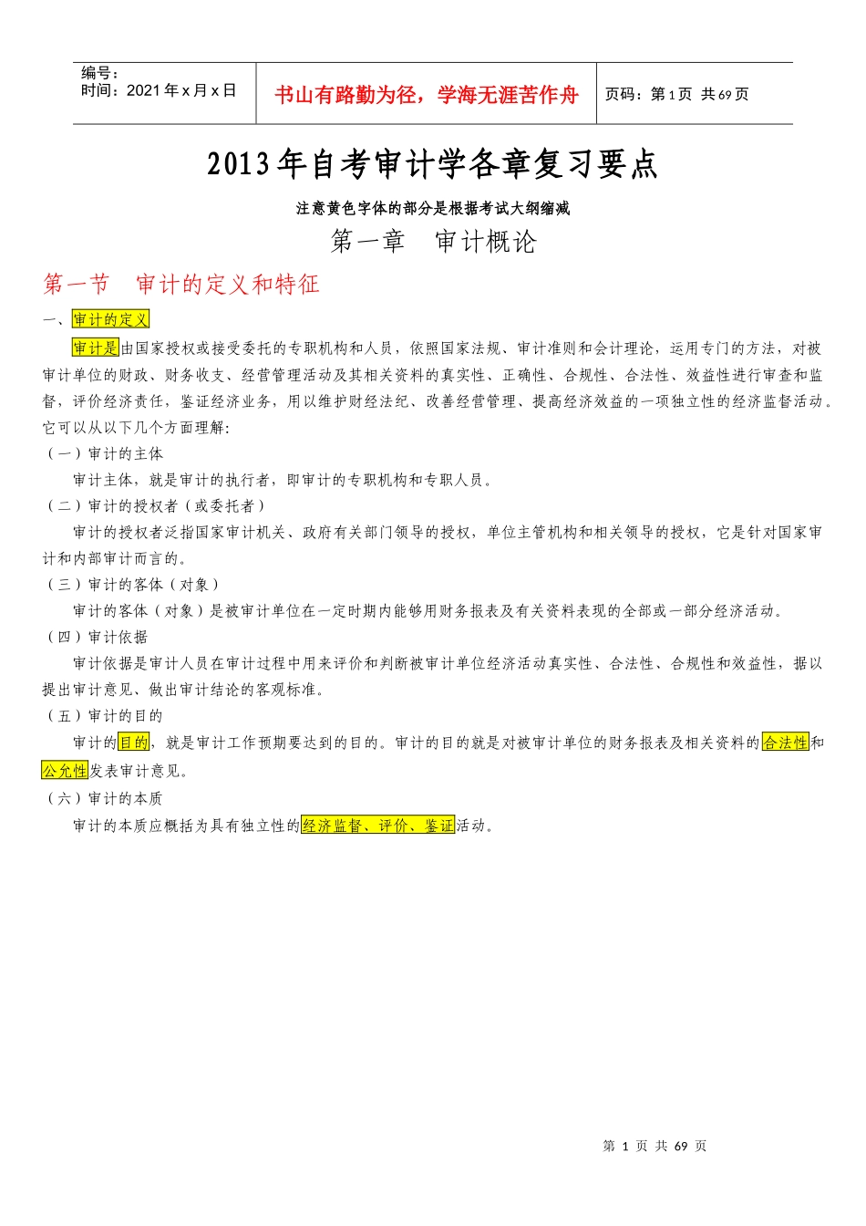 自考审计学各章复习要点_第1页