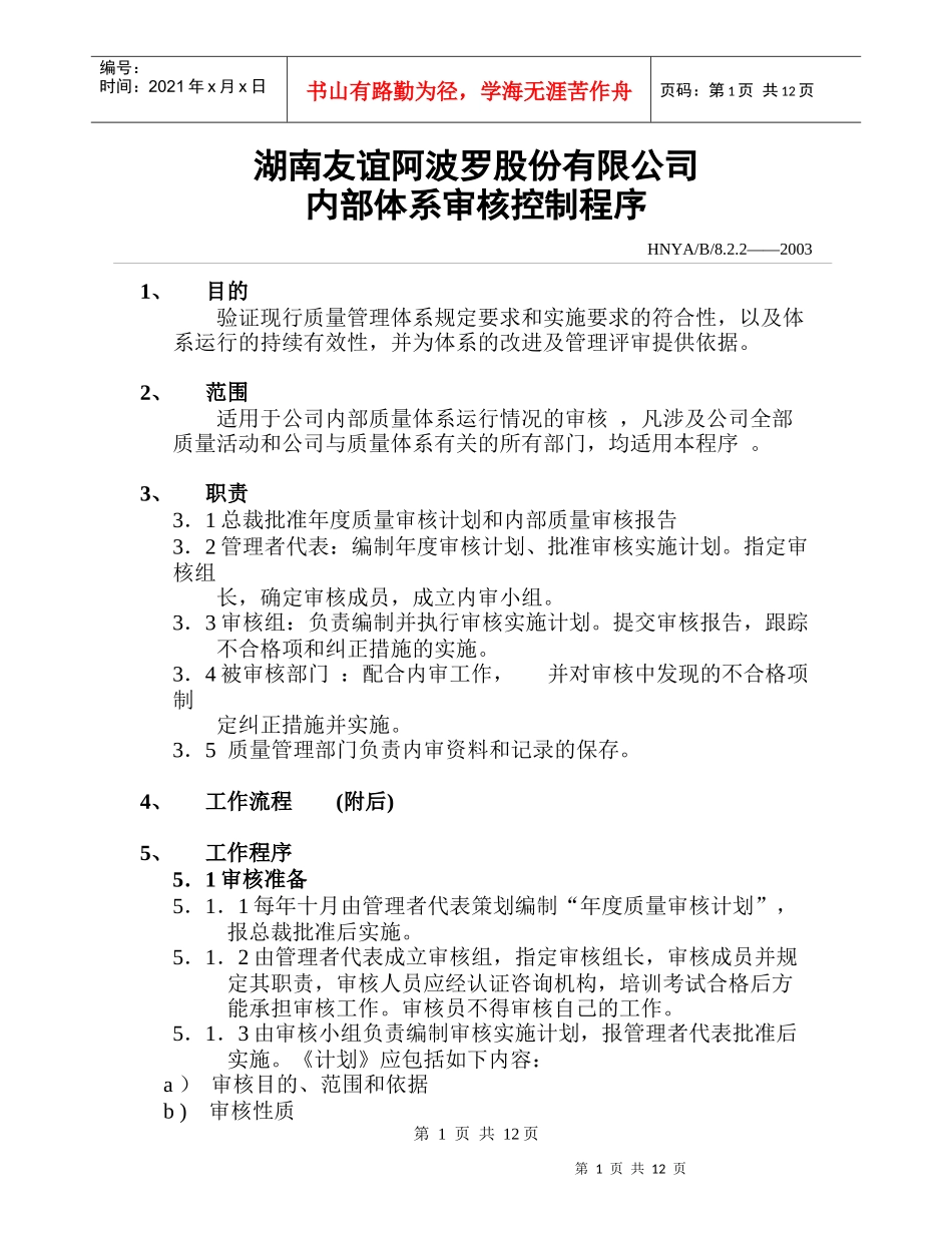 湖南××××股份有限公司内部体系审核控制程序_第1页