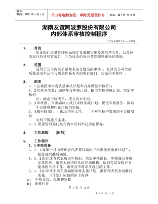 湖南××××股份有限公司内部体系审核控制程序