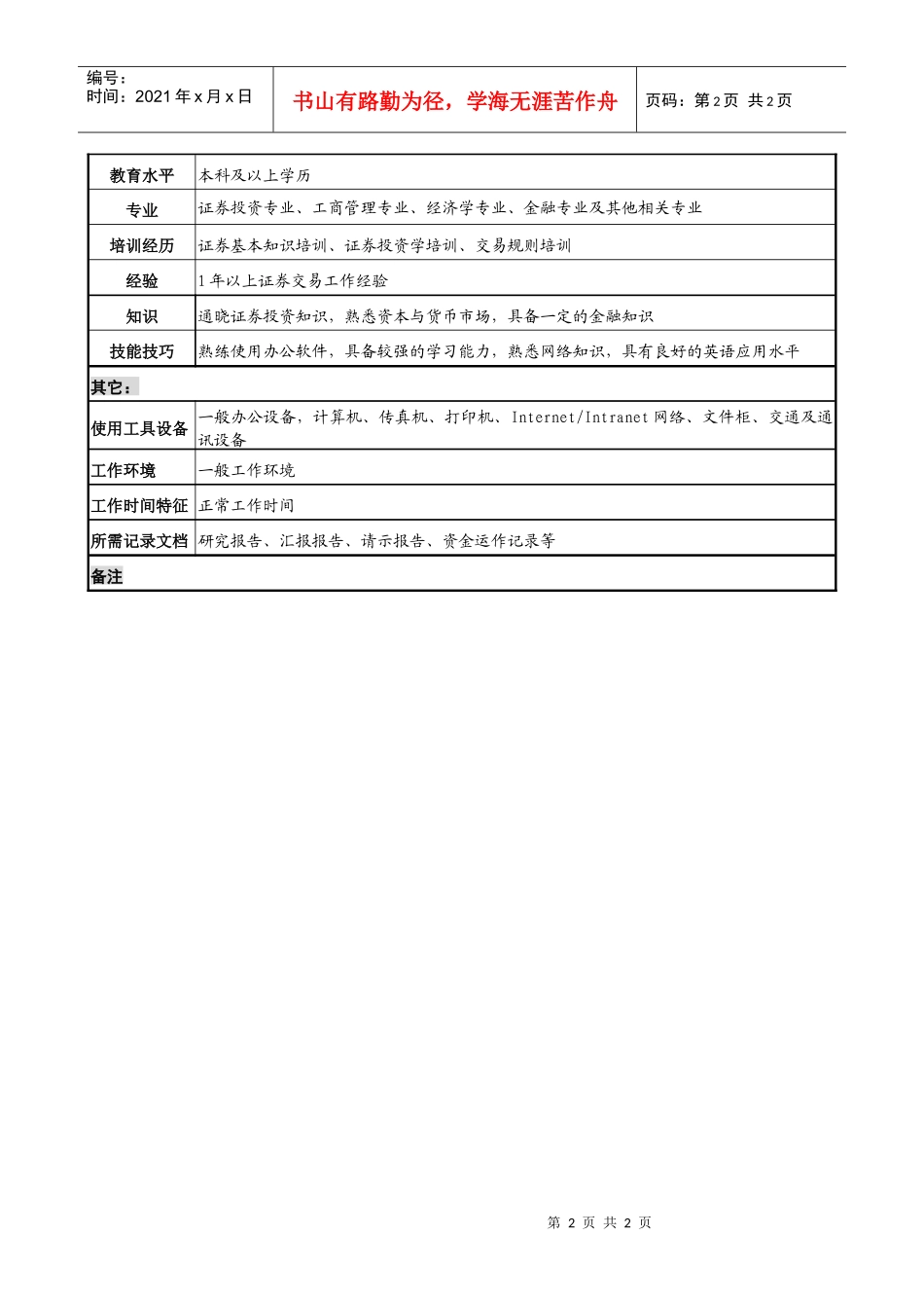 投资公司信托理财部综合交易员专责职务说明书_第2页